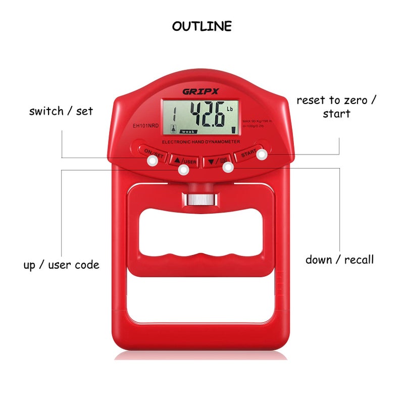 GRIPX Digital Hand Dynamometer Grip Strength Measurement Meter Auto Capturing Electronic Hand Grip Power 198Lbs / 90Kgs  Red - Image 3